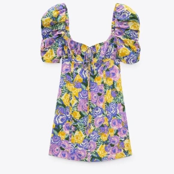 Zara purple and yellow floral printed corset style mini dress size XS NWOT - Picture 3 of 10